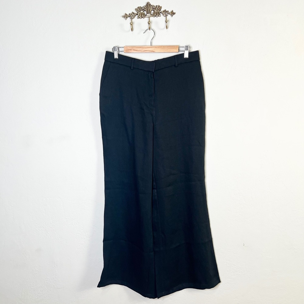 OGL Trousers European Linen-Like Mid Rise Flared Pant Pockets Black Size Large